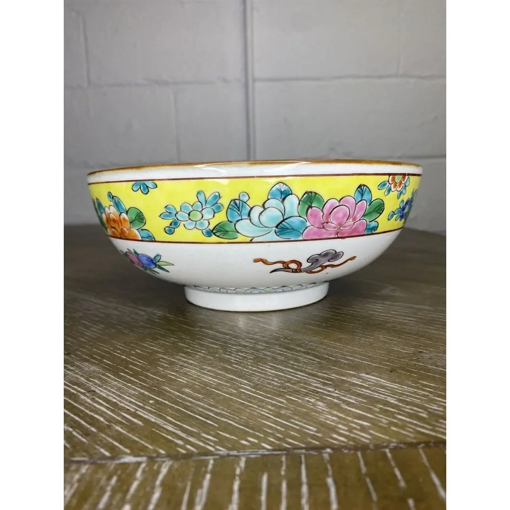ANTIQUE NIPPON HAND PAINTED PORCELAIN FLORAL Yellow Serving BOWL Bird Butterfly‎